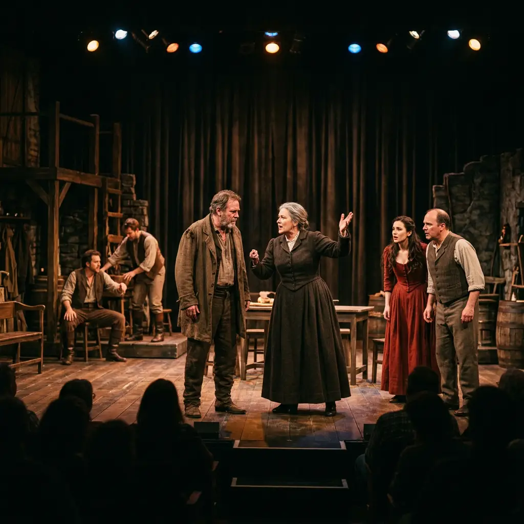 Five actors in period costumes performing an intense scene on a wooden stage